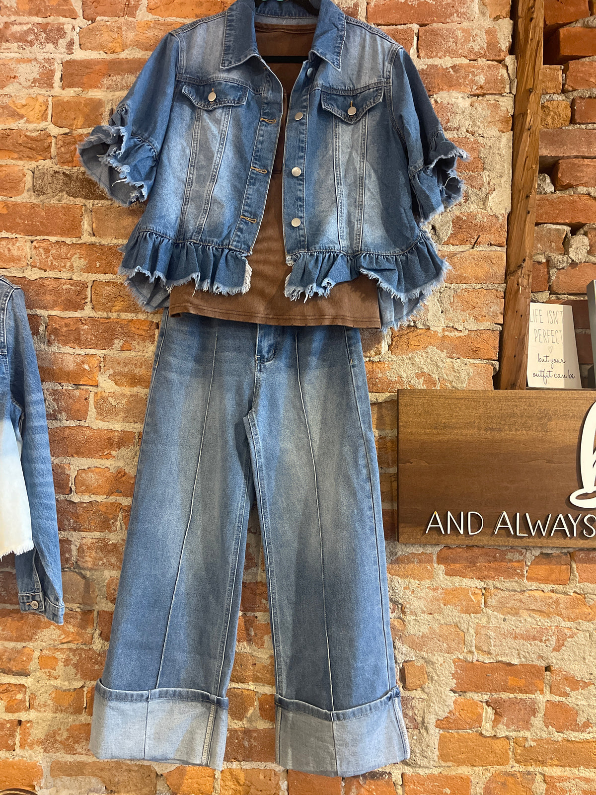 Blue Ruffle Raw Edge Denim Jacket
