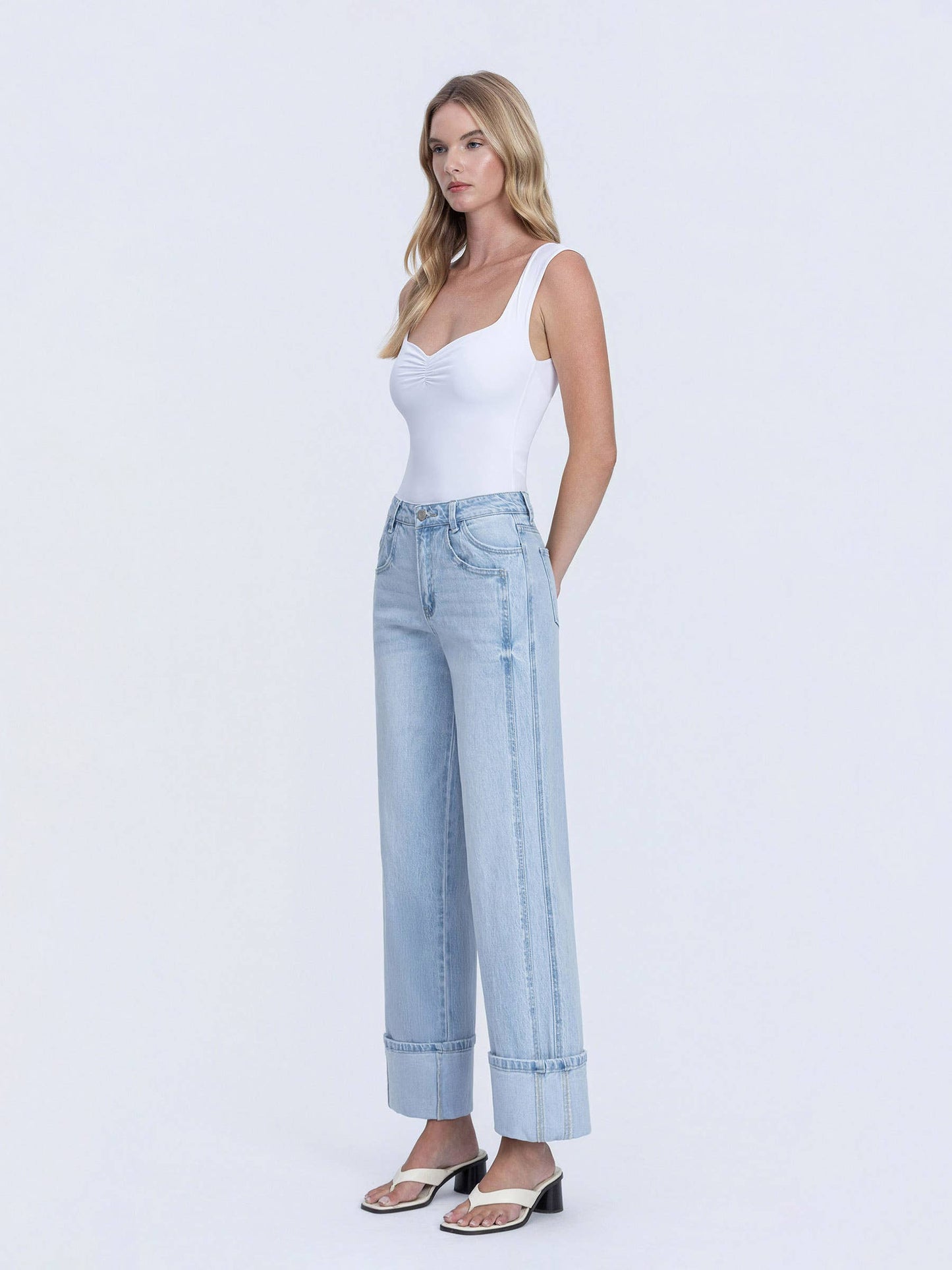 SUPER HIGH RISE LIGHT WASH CUFFED BAGGY WIDE JEANS T6515