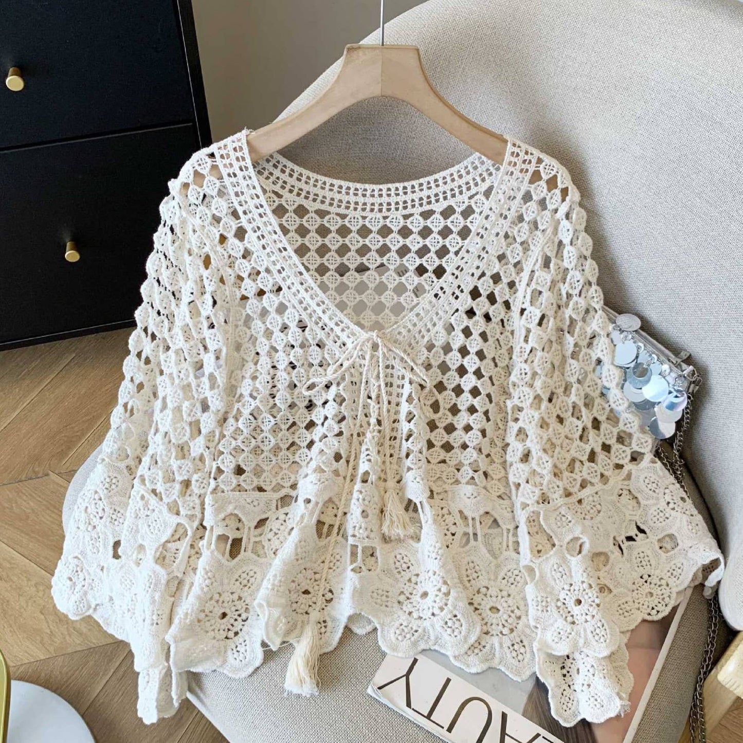 Boho Resort Geometric Crochet Lace Top With Tassel