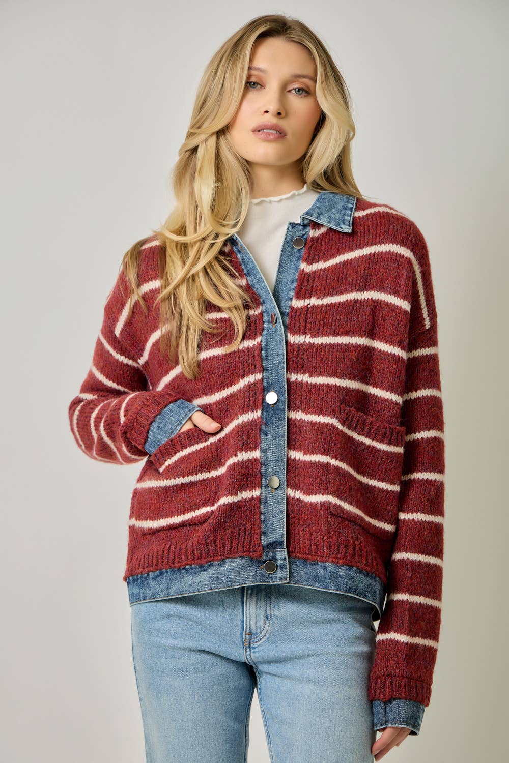 71281 Striped Denim Hem Sweater Jacket