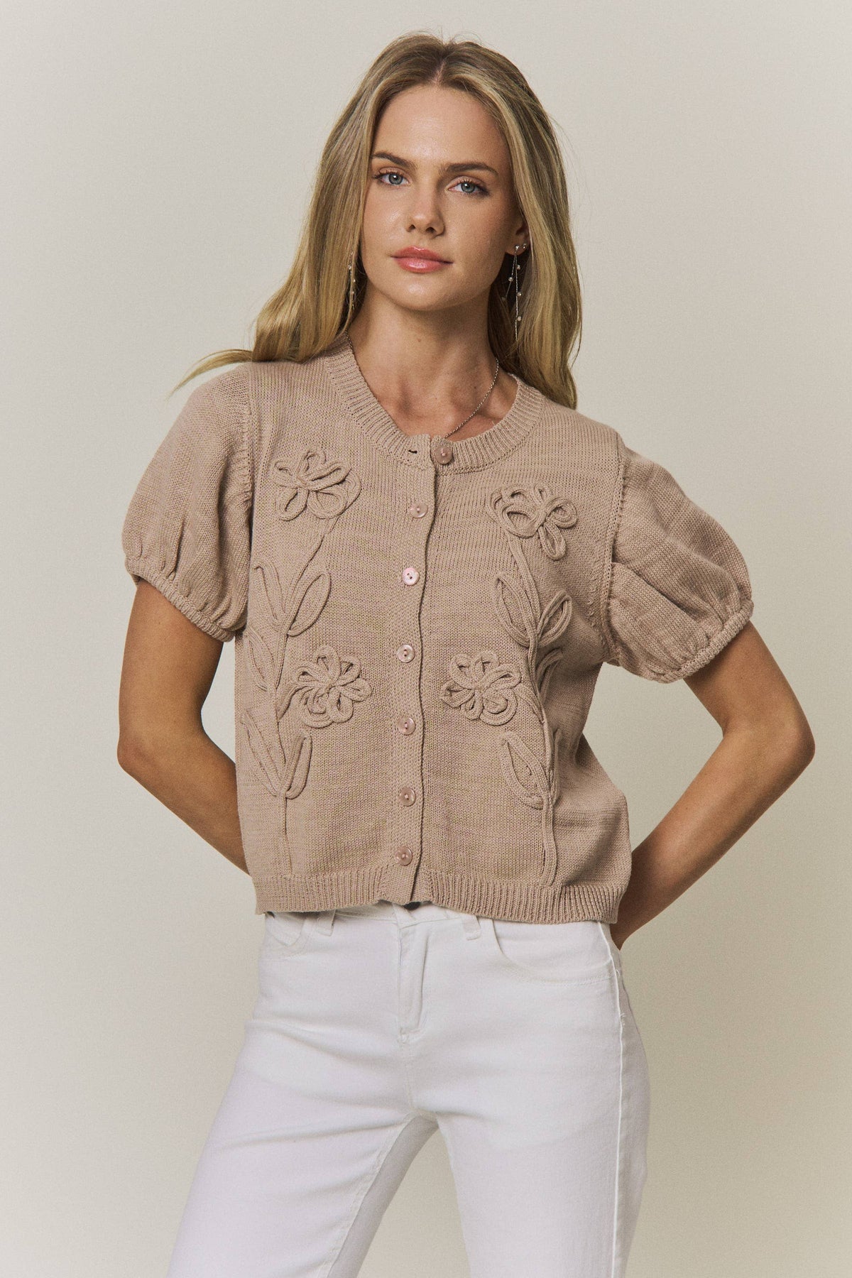 Floral Embroidered Short Sleeve Sweater