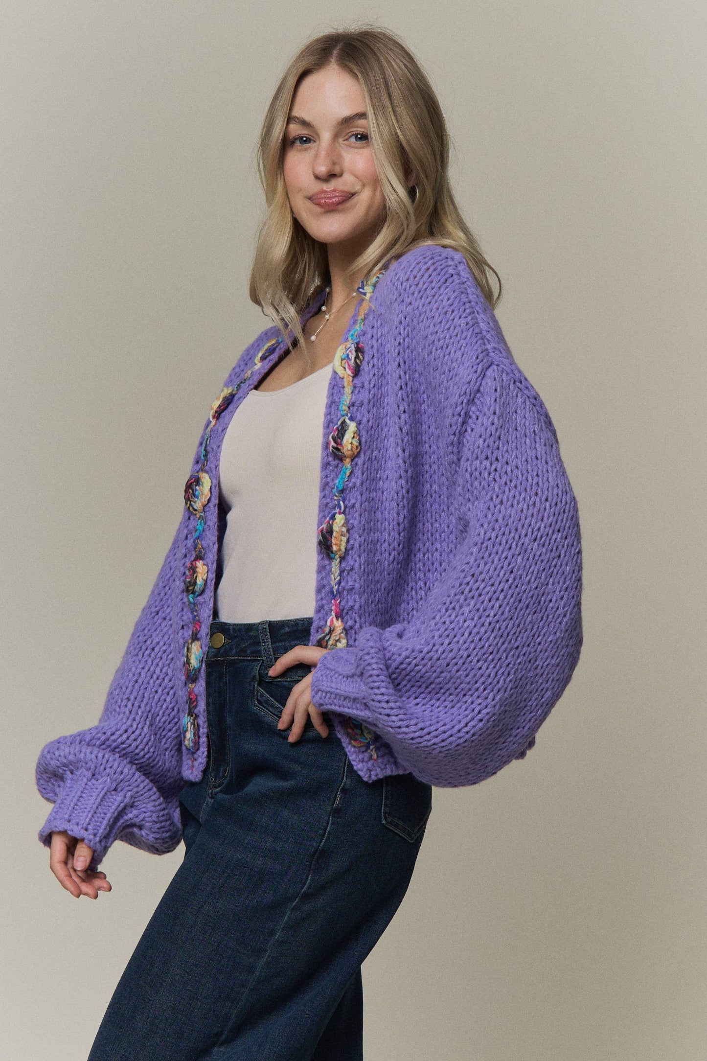 CHUNKY MULTICOLOR TRIM KNIT CARDIGAN - CESW4416