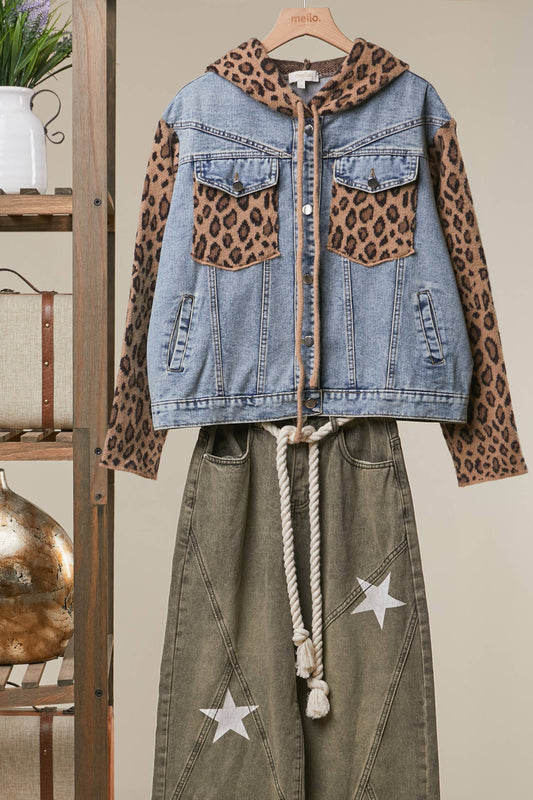 Denim Hoodie Jacket With Animal Print Sleeve
