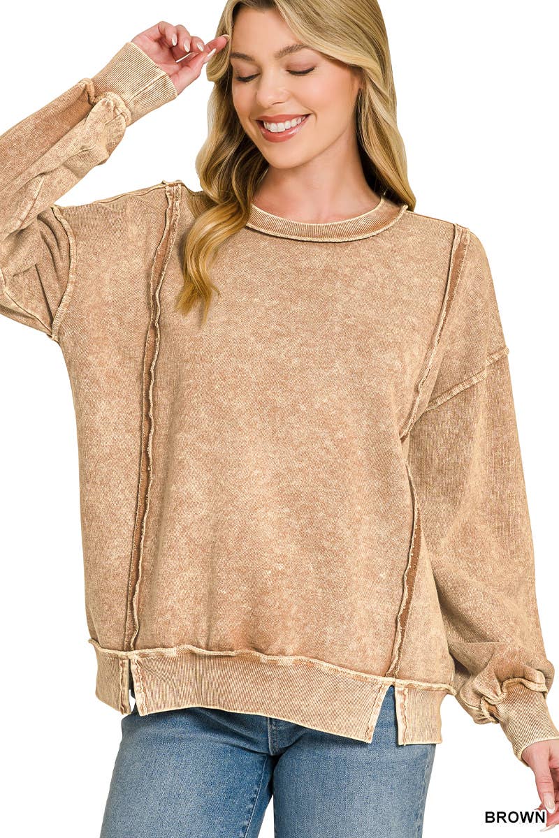 0326 Halo Snow Washed F/Terry Exposed Seam Sweatshirt SI-29633 Zenana