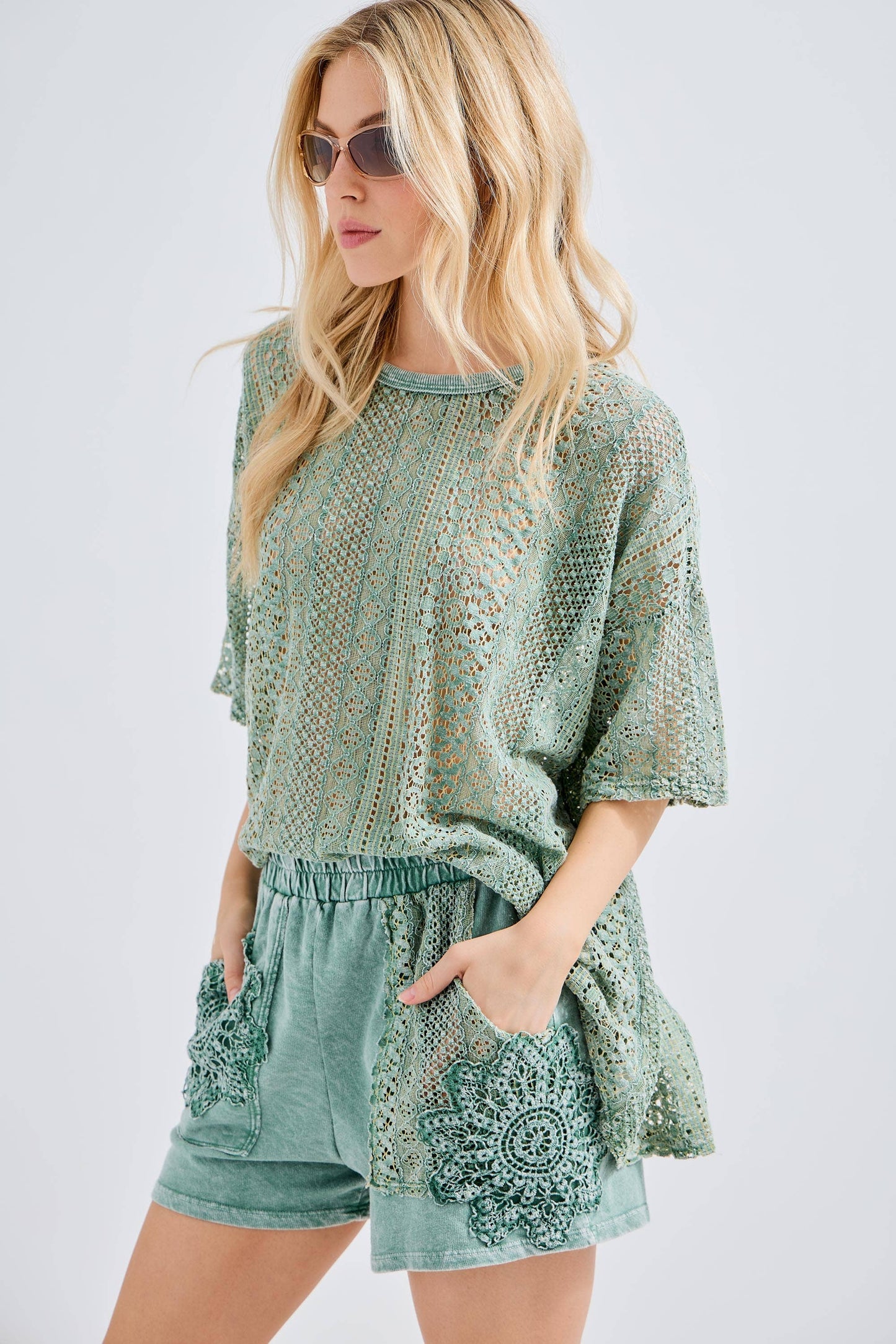 Mineral Washed Lace Crochet Shorts