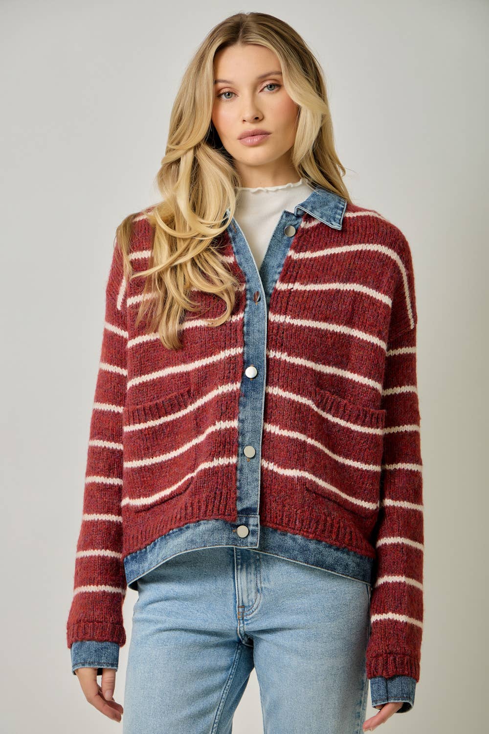 71281 Striped Denim Hem Sweater Jacket