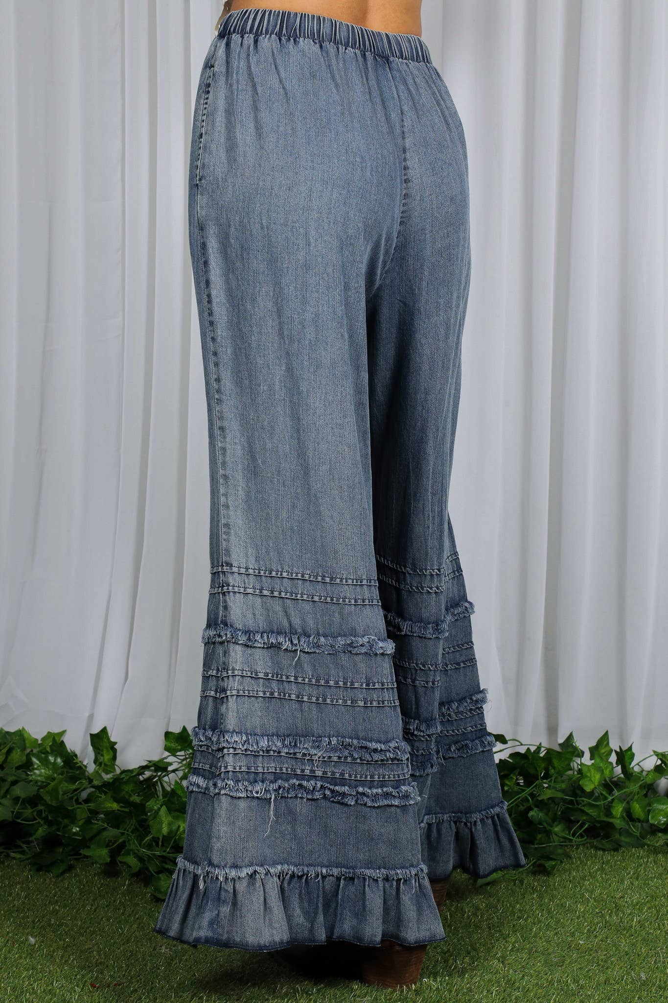 Flared Ruffle Hem Washed Chambray Pants