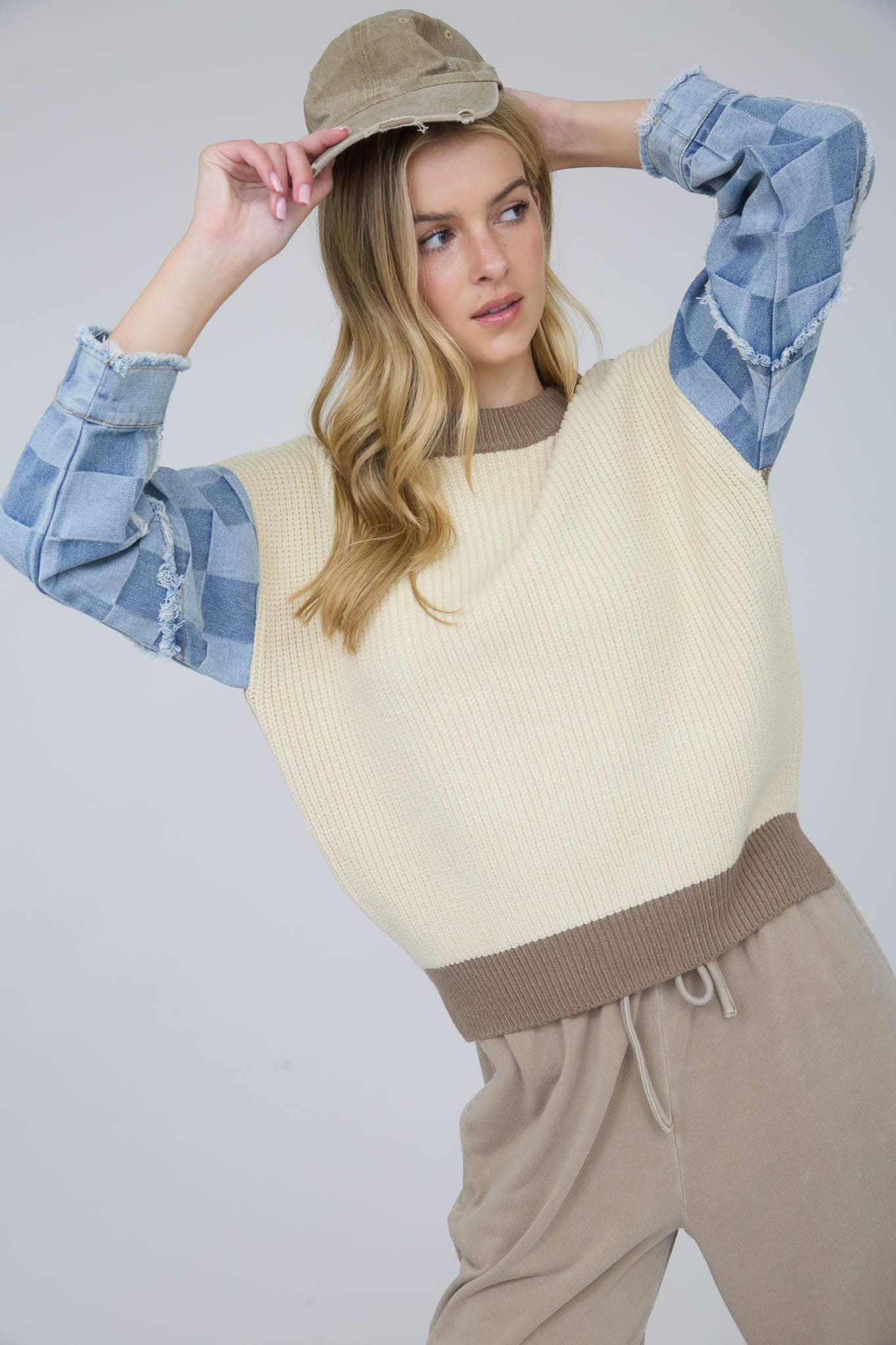 Checkered Denim Sleeve Sweater