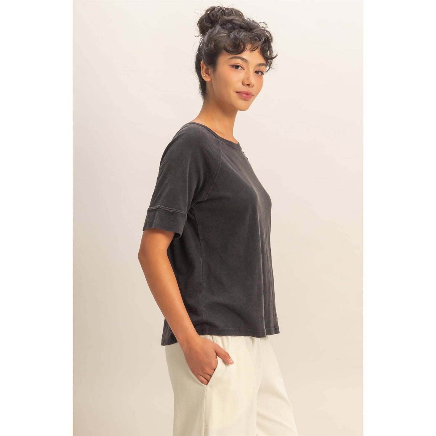 Acid Wash Raw Seam Raglan Short Sleeve Tee