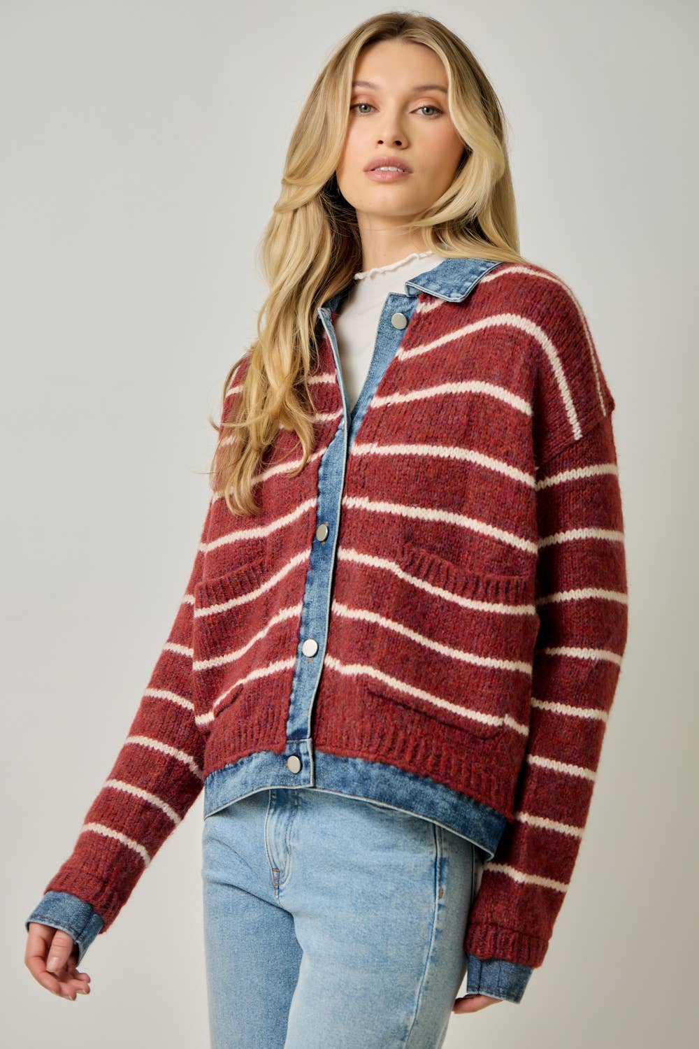 71281 Striped Denim Hem Sweater Jacket