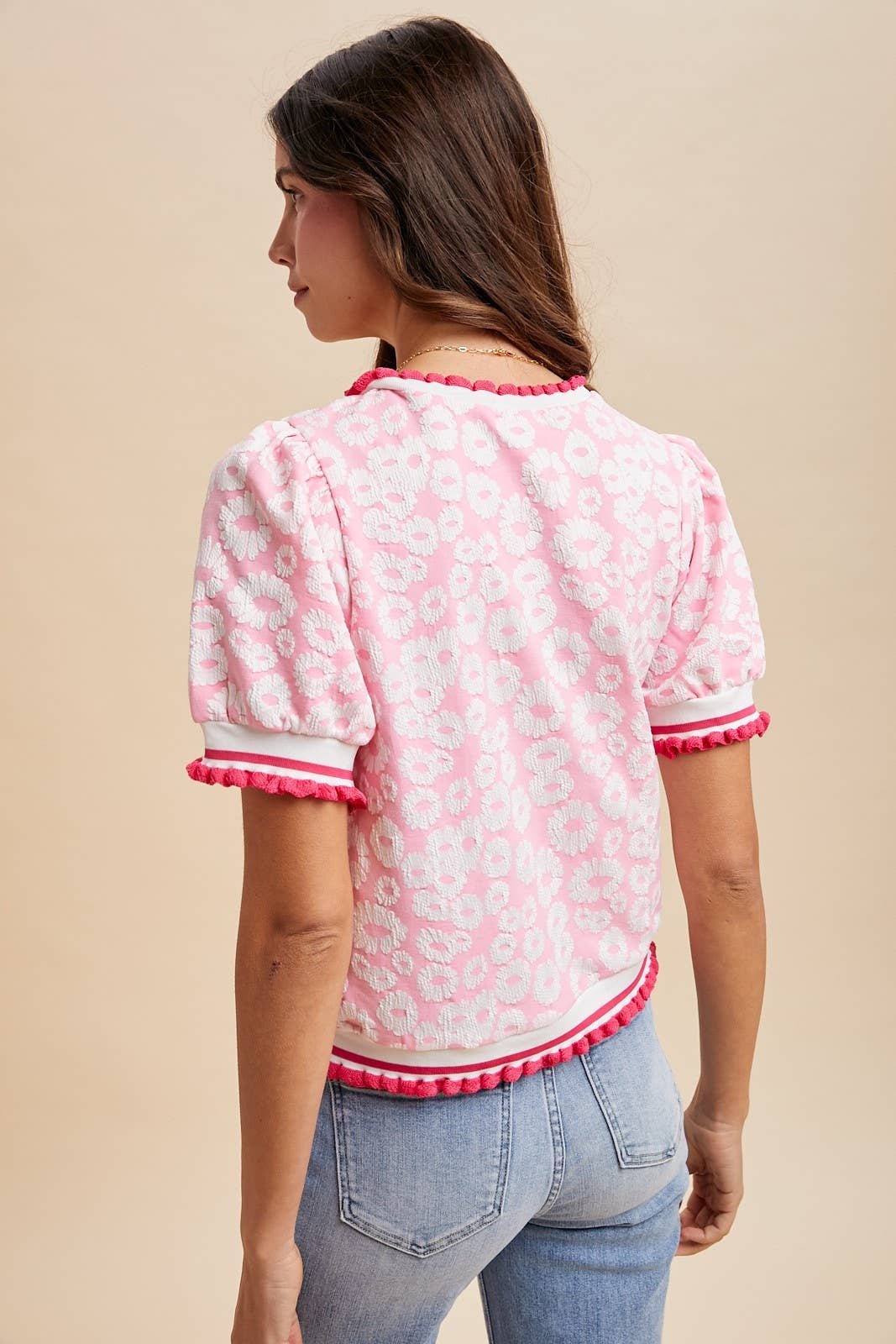 Flower Embossing Puff Sleeve Top