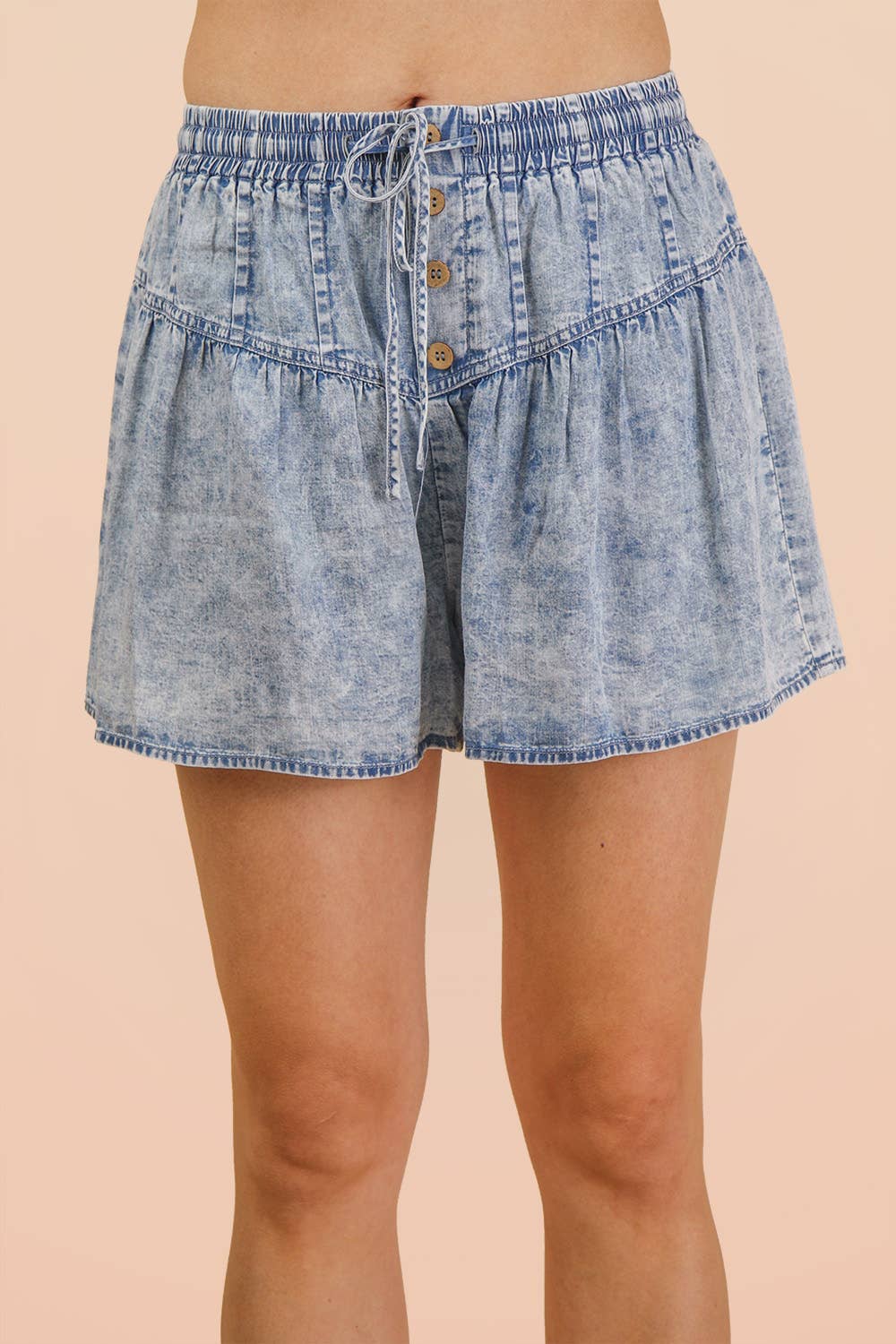 Washed Chambray Button Detail Flare Shorts