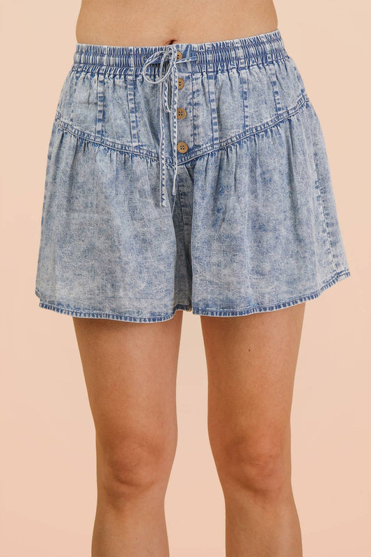 Washed Chambray Button Detail Flare Shorts