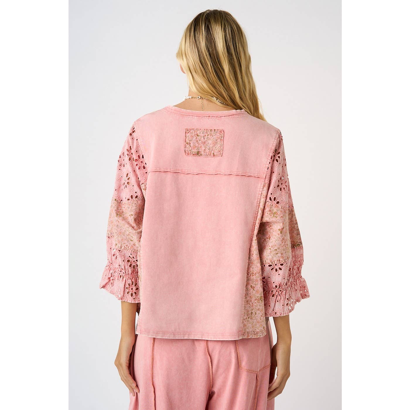 EYELET PATCHWORK RUFFLE LONG SLEEVE TOP