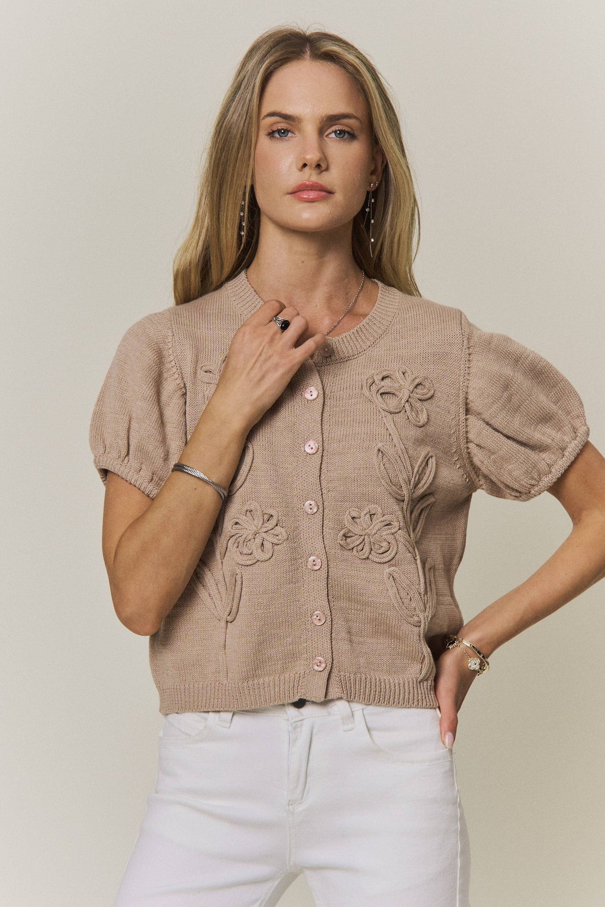 Floral Embroidered Short Sleeve Sweater