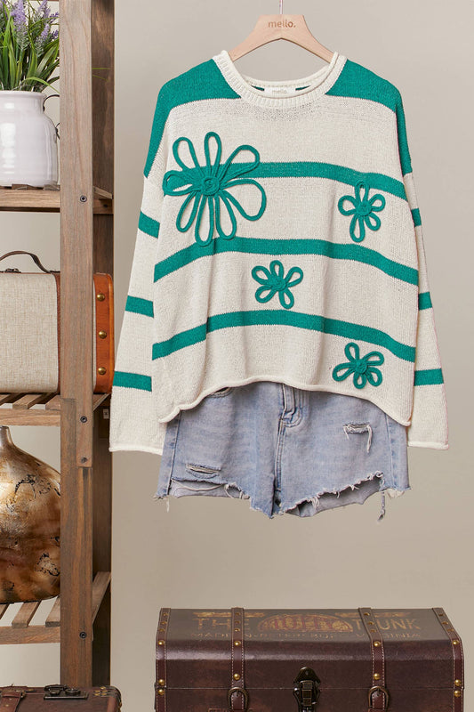 Daisy Striped  Round Neck Knit Sweater