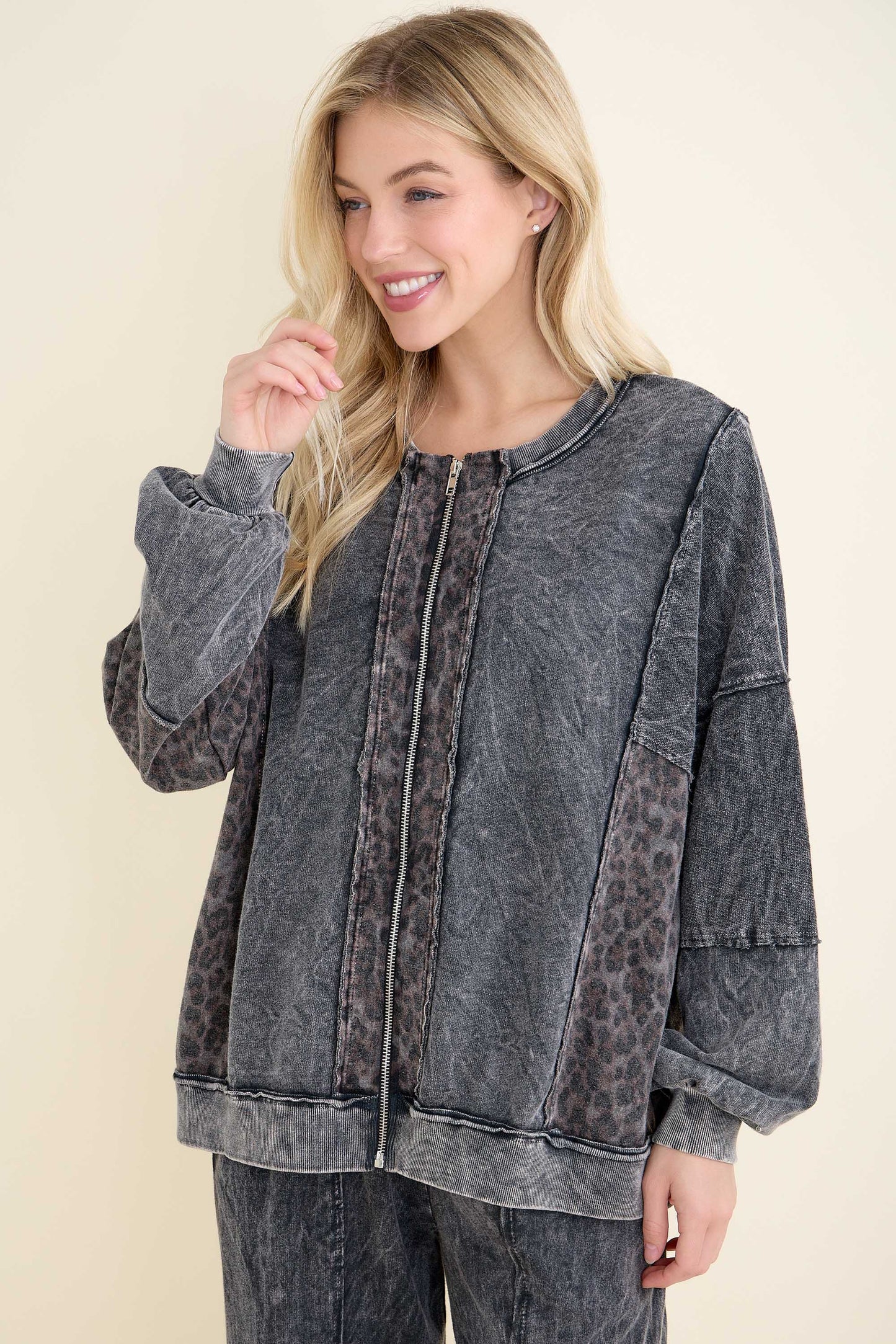 Mineral Washed Cheetah Zipper Jacket