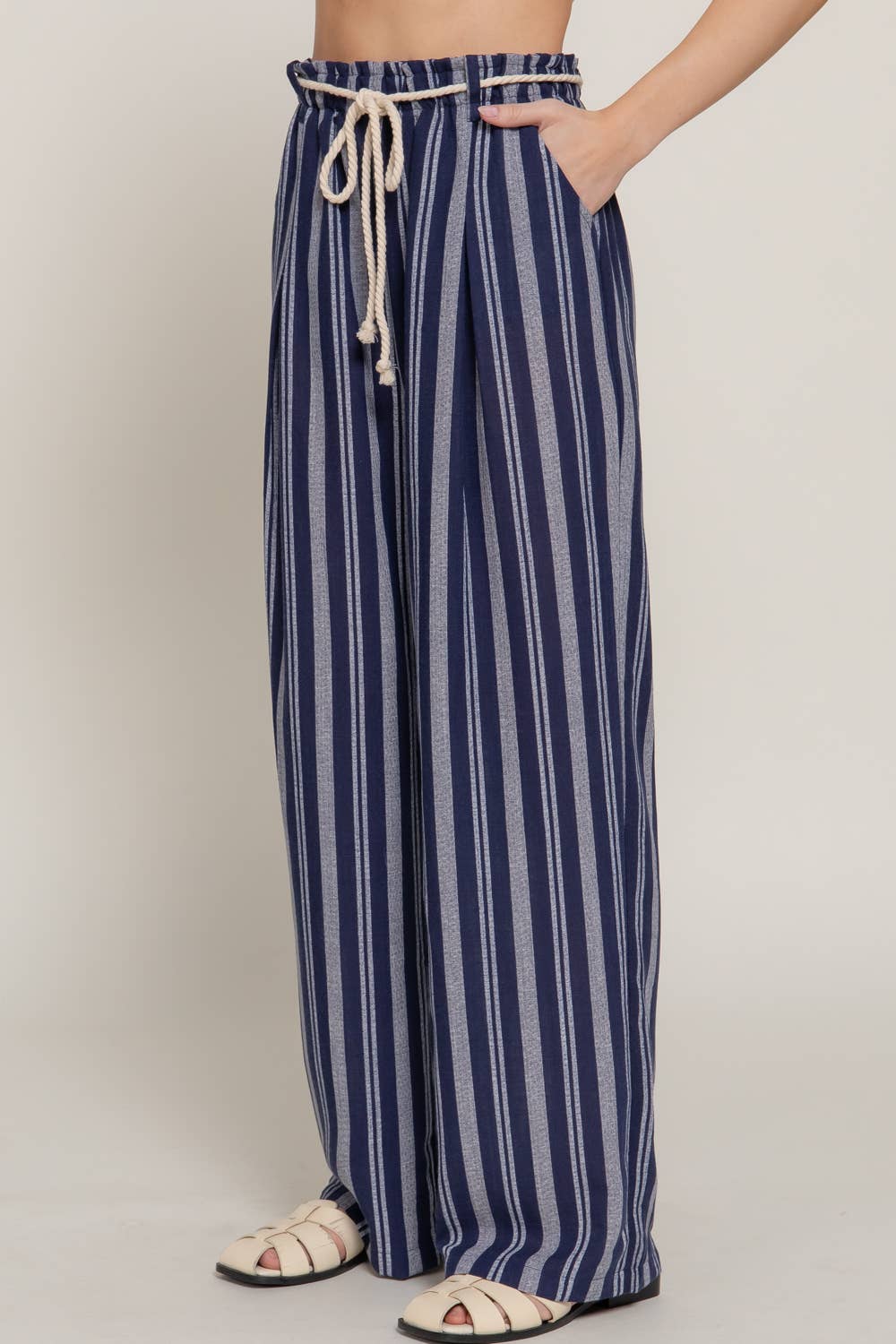 `Rope Belted Stripe Print Linen Effect Pants w/ Pockets