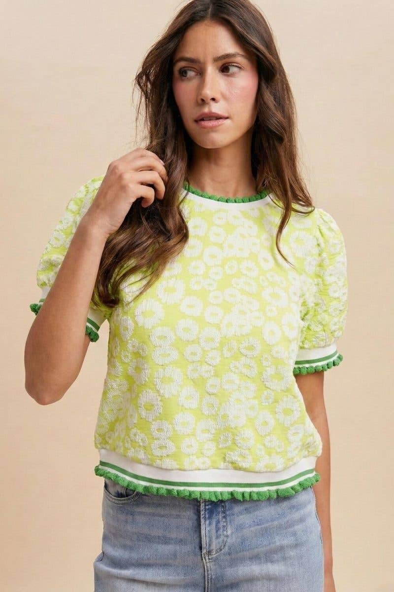 Flower Embossing Puff Sleeve Top
