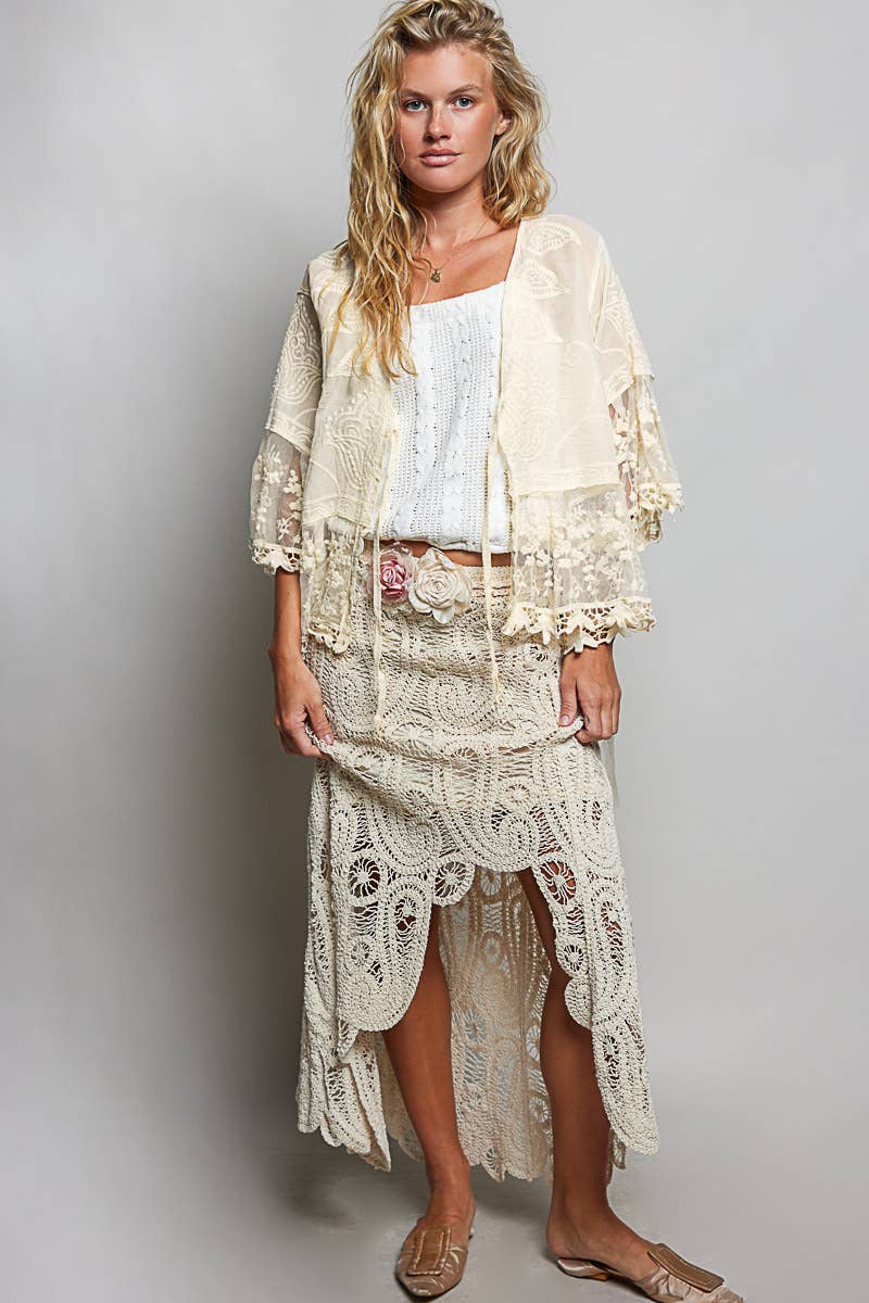 1/2 Sleeve Lace Ruffle Trim Opening Solid Crochet Cardigan