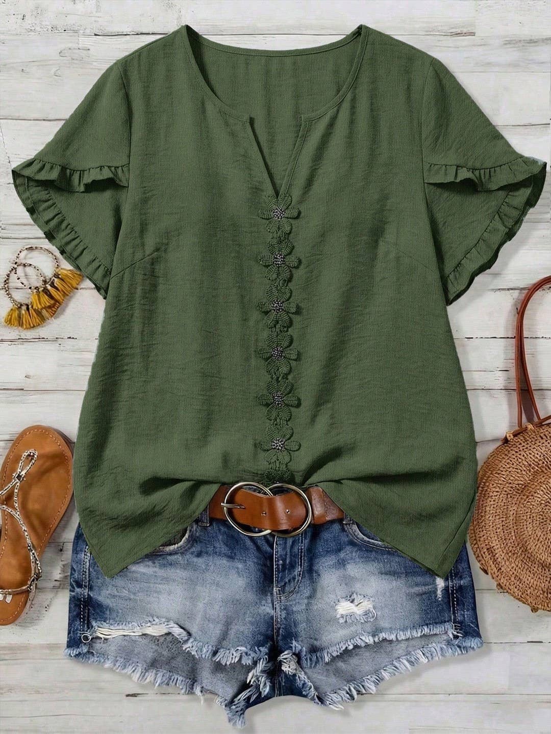 Boho Floral Embroidery V-Neck Ruffle Sleeves Shirt