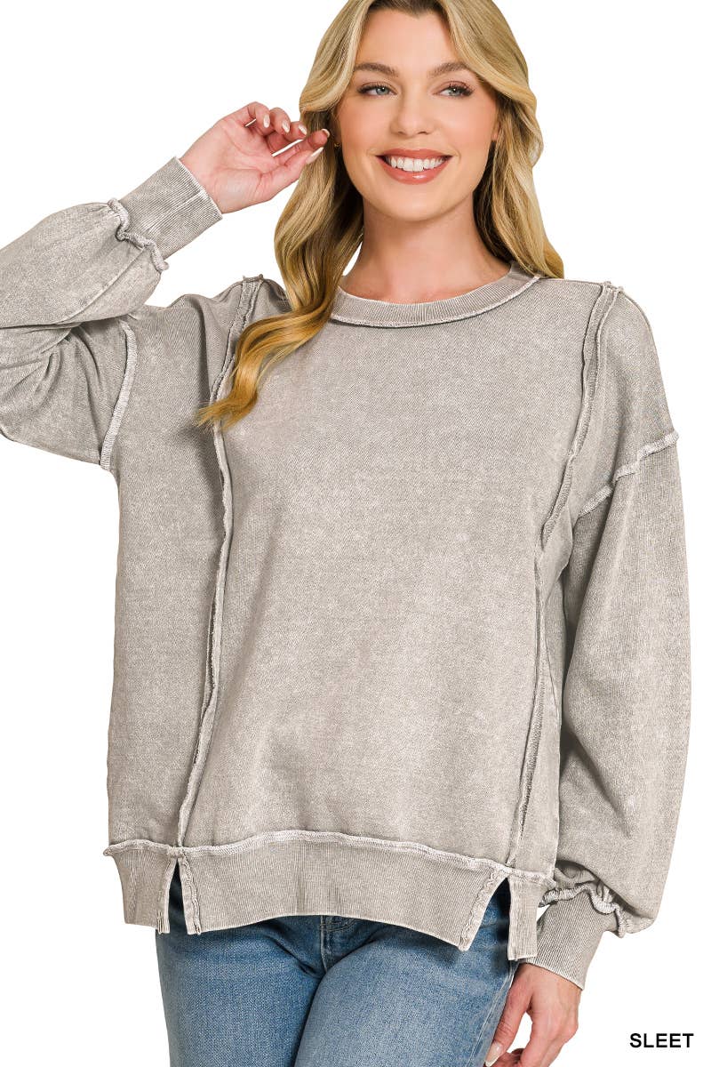 0326 Halo Snow Washed F/Terry Exposed Seam Sweatshirt SI-29633 Zenana