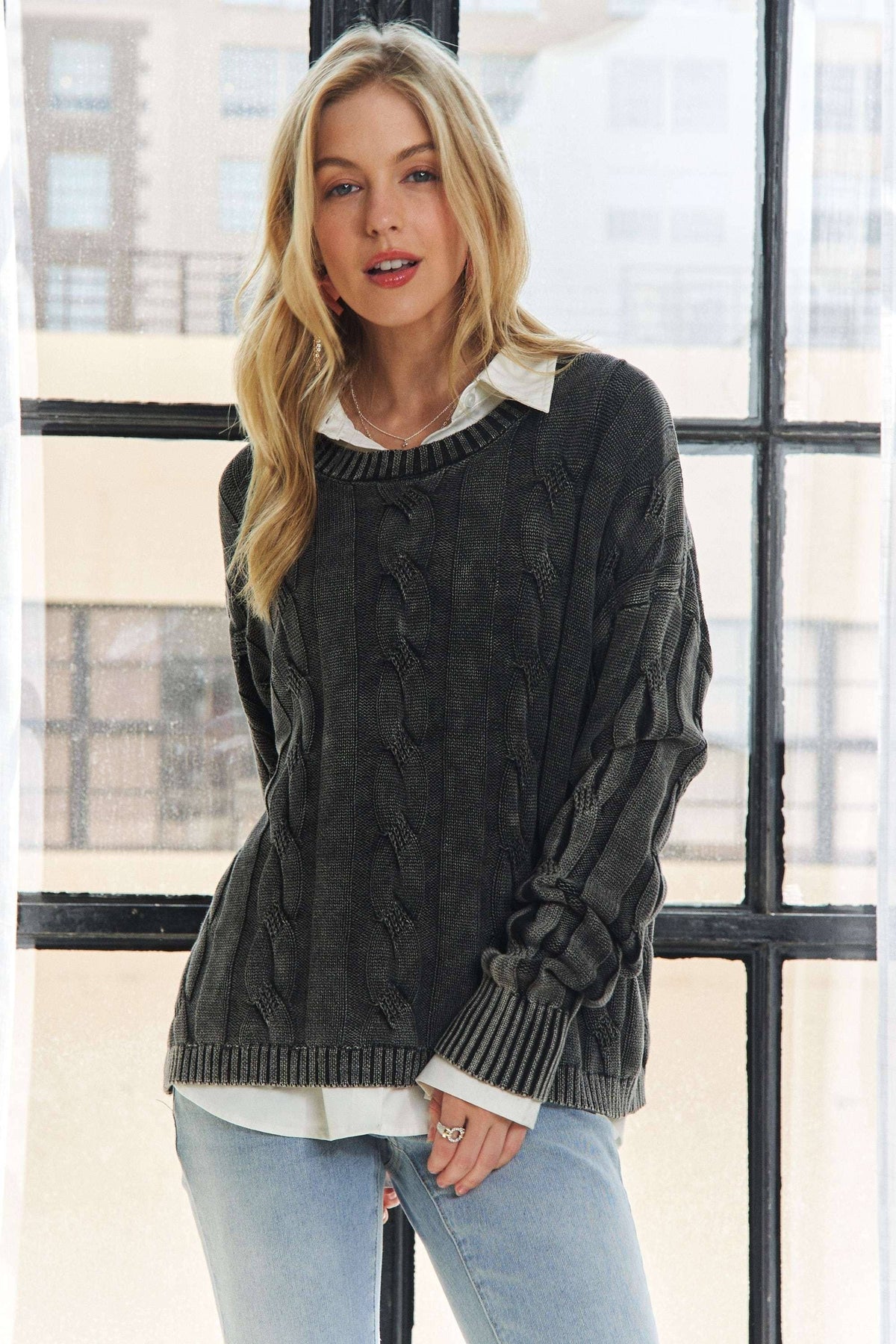 CESW3701 - MINERAL WASHED CABLE KNIT SWEATER TOP