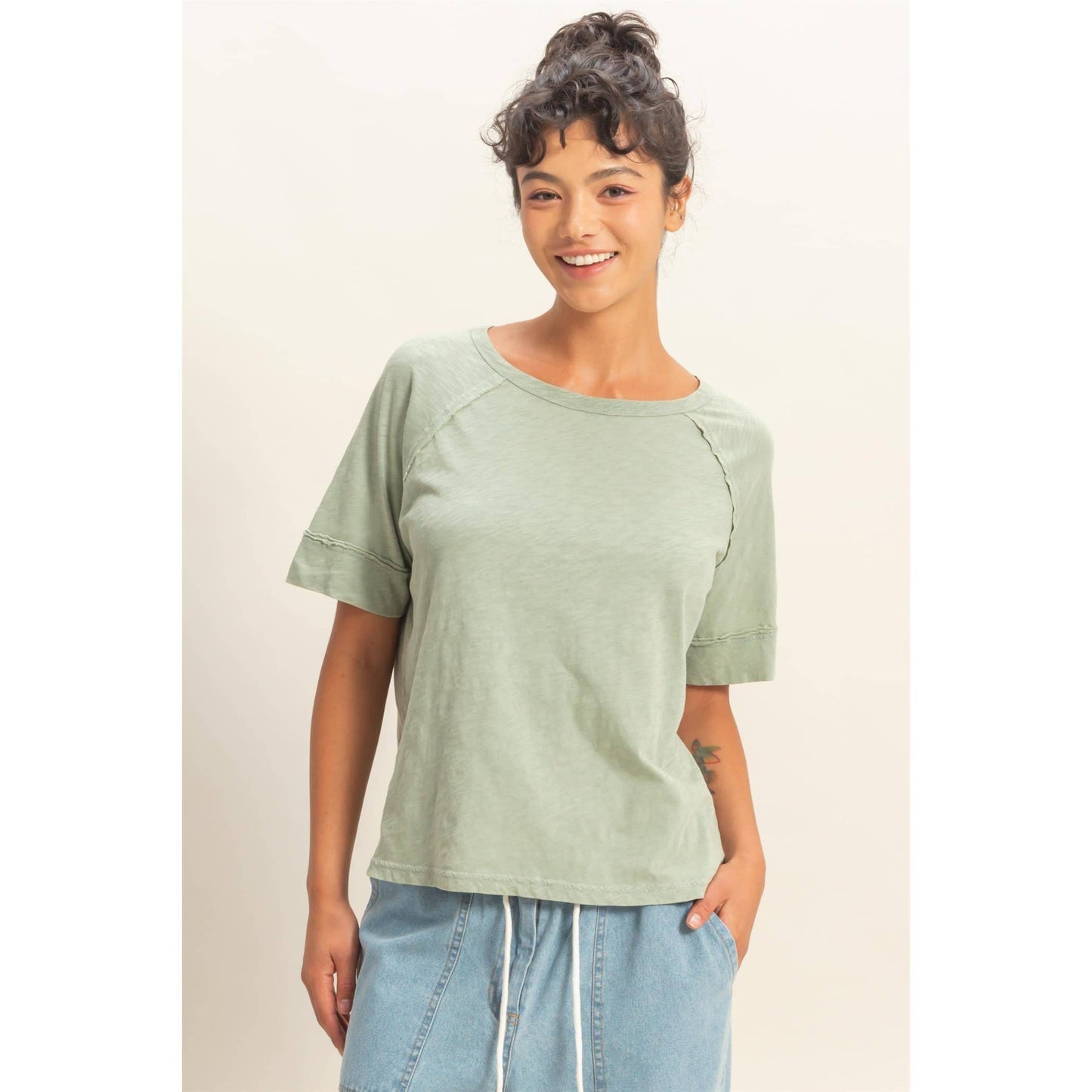 Acid Wash Raw Seam Raglan Short Sleeve Tee