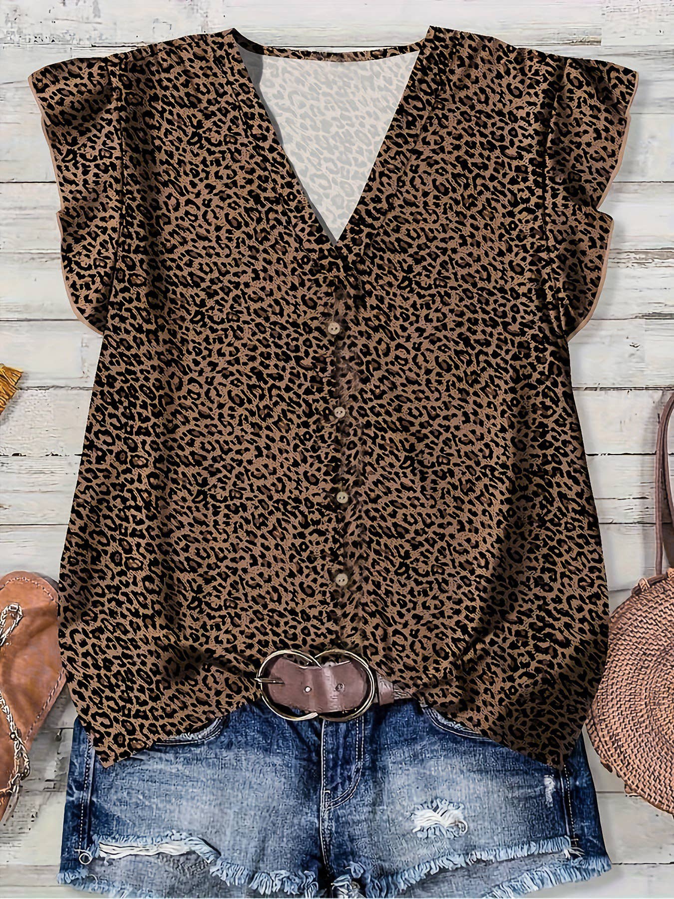 Flutter Sleeve Watercolor Floral & Leopard Print V-Neck Top