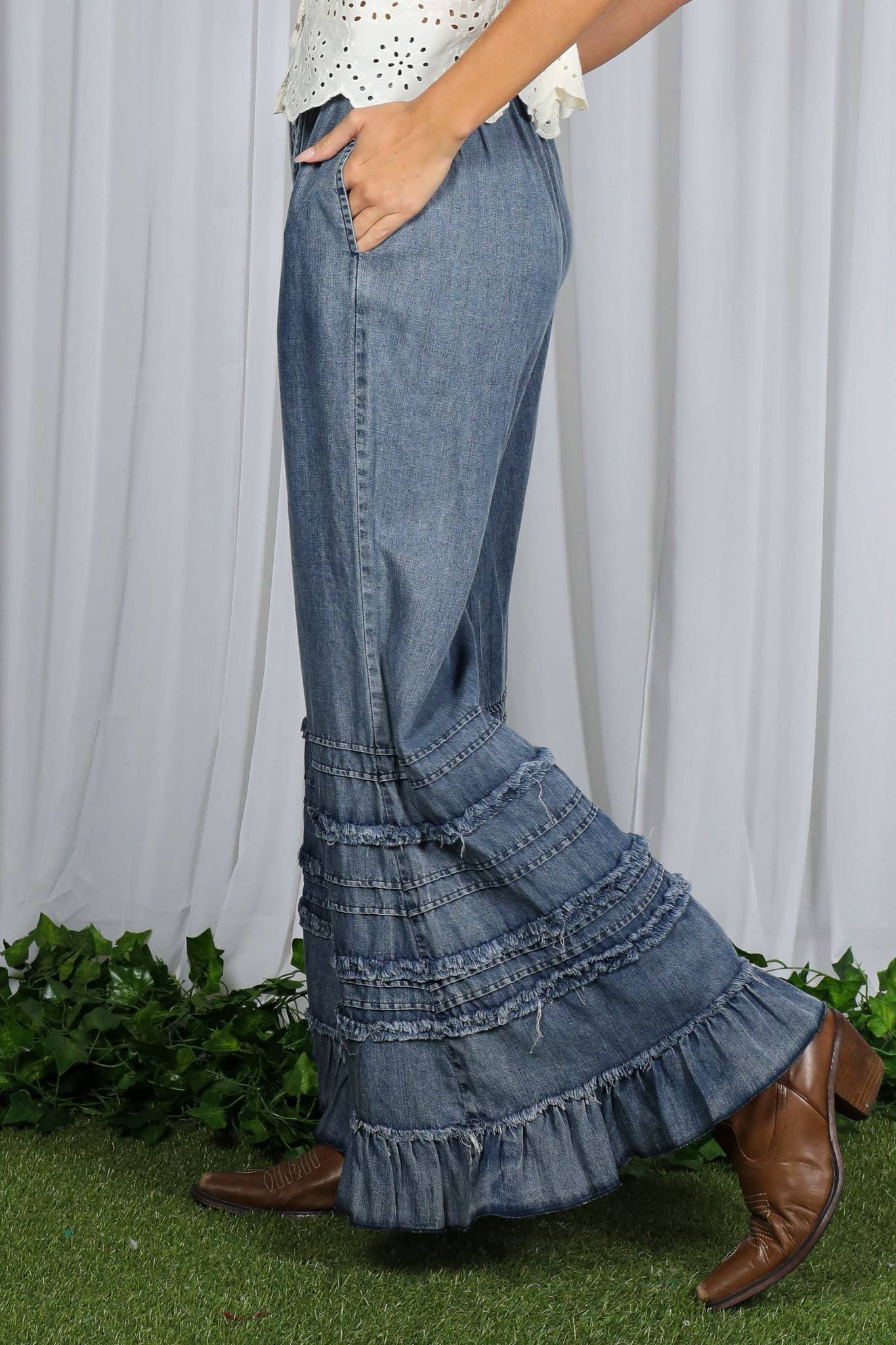 Flared Ruffle Hem Washed Chambray Pants
