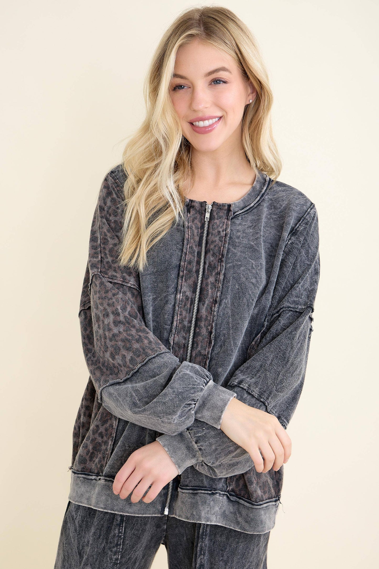 Mineral Washed Cheetah Zipper Jacket