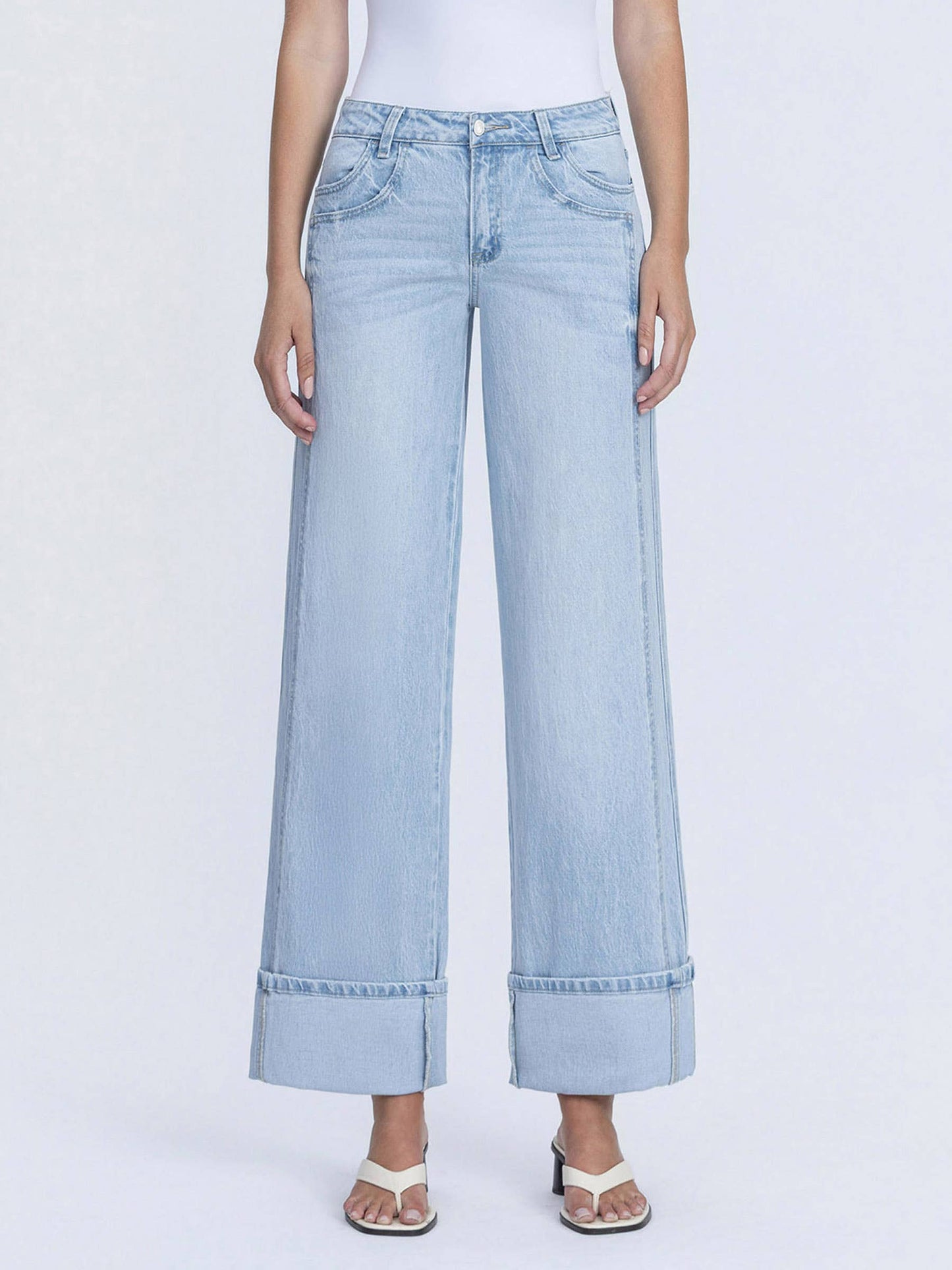 SUPER HIGH RISE LIGHT WASH CUFFED BAGGY WIDE JEANS T6515