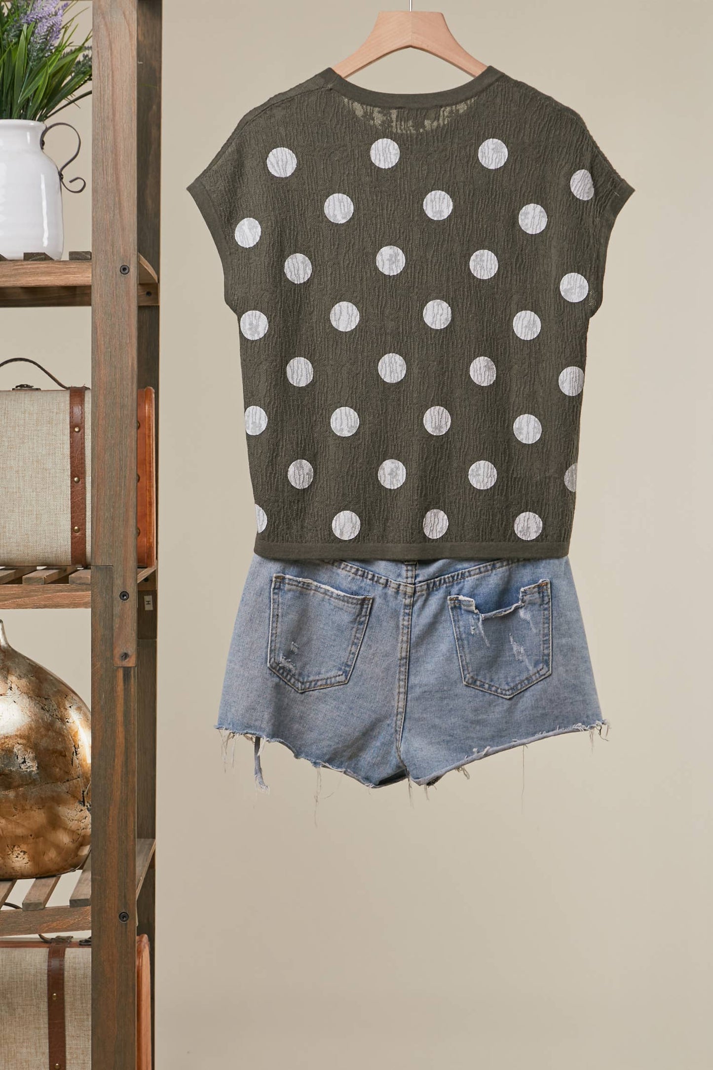 Olive Polka Dot Cap Sleeve Top
