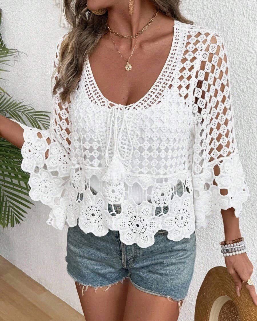 Boho Resort Geometric Crochet Lace Top With Tassel