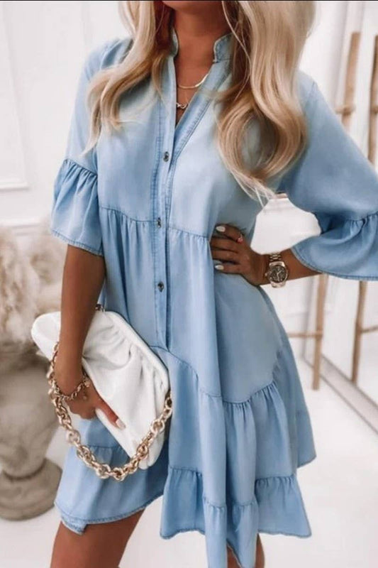 V-Neck Ruffle Sleeve Denim Dress