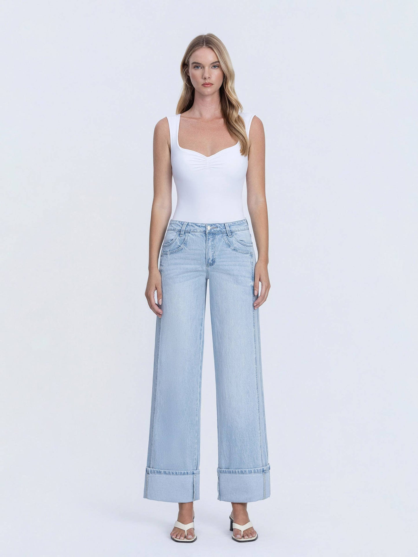 SUPER HIGH RISE LIGHT WASH CUFFED BAGGY WIDE JEANS T6515