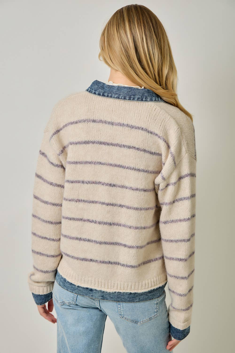 71281 Striped Denim Hem Sweater Jacket