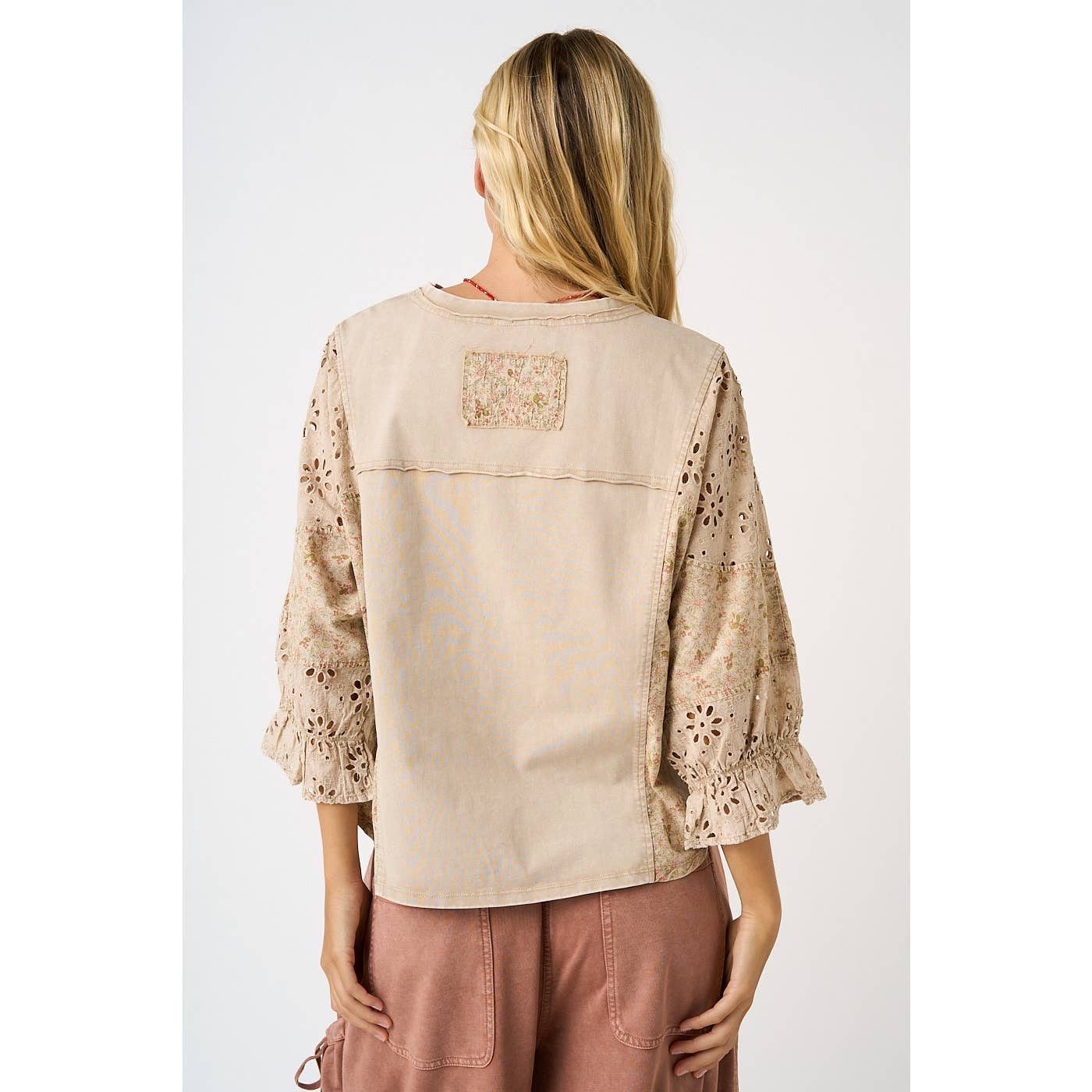 EYELET PATCHWORK RUFFLE LONG SLEEVE TOP