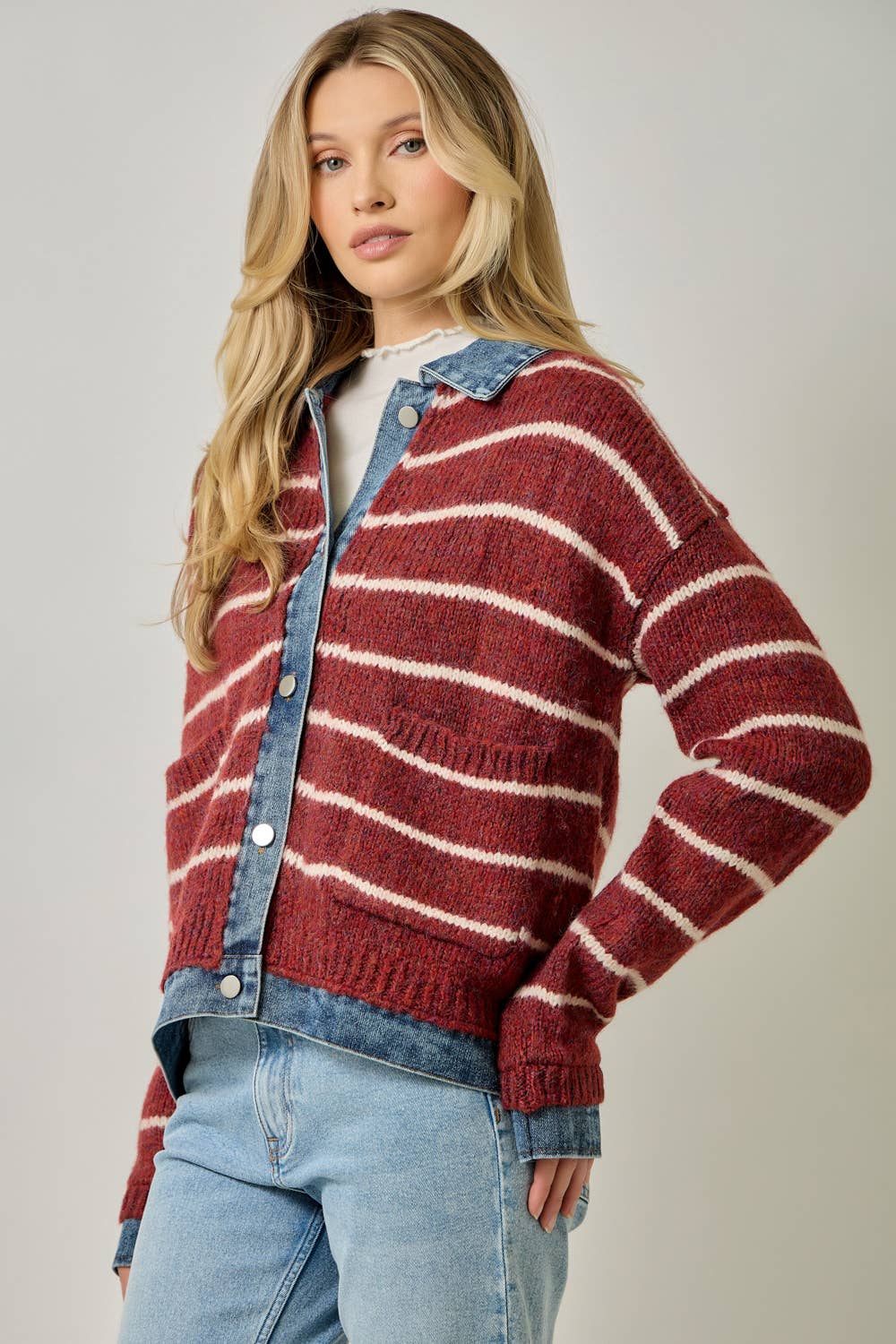 71281 Striped Denim Hem Sweater Jacket