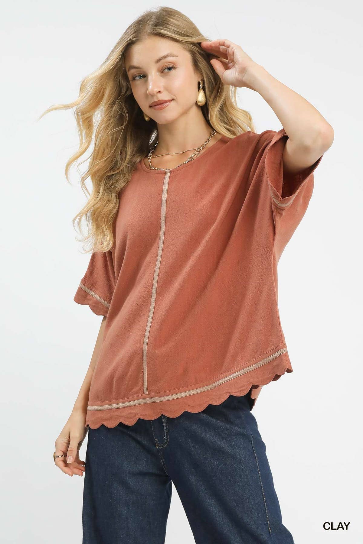 Linen Blend Scallop Trim Top
