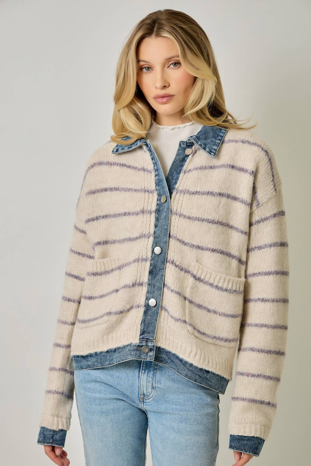 71281 Striped Denim Hem Sweater Jacket