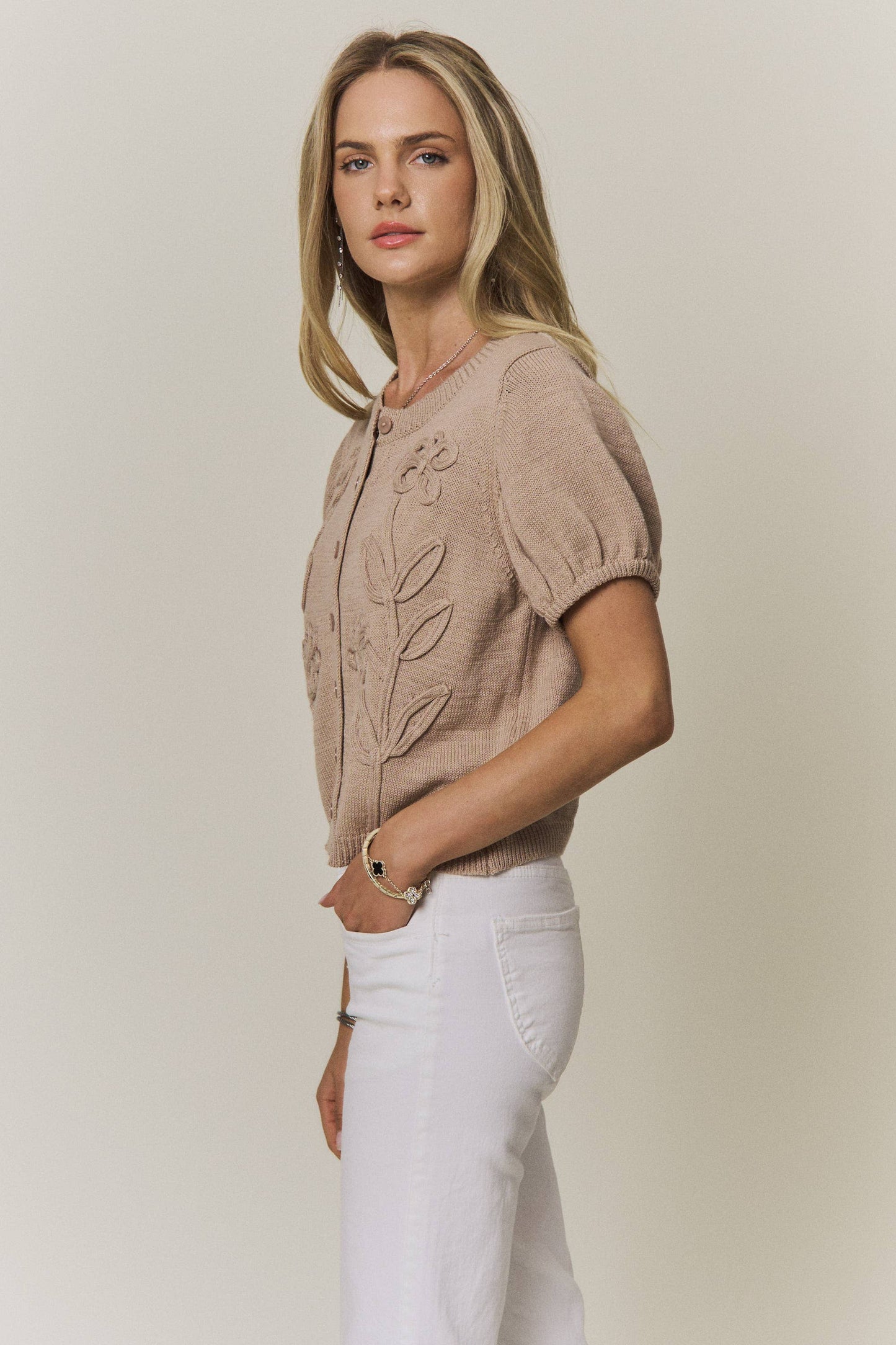 Floral Embroidered Short Sleeve Sweater