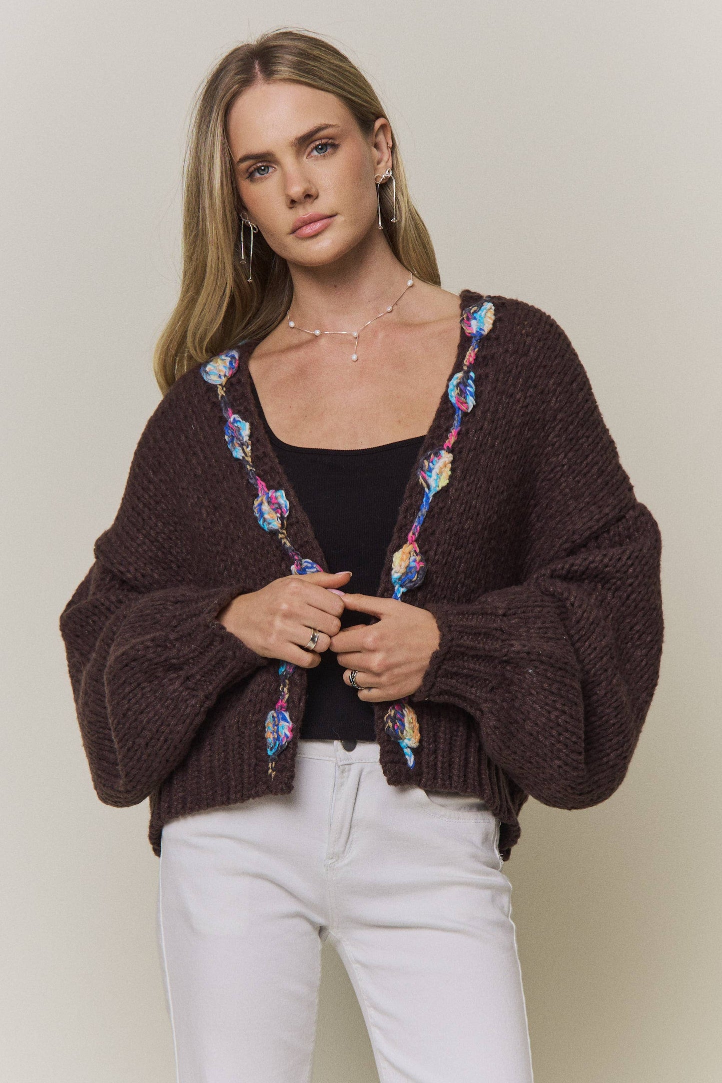 CHUNKY MULTICOLOR TRIM KNIT CARDIGAN - CESW4416