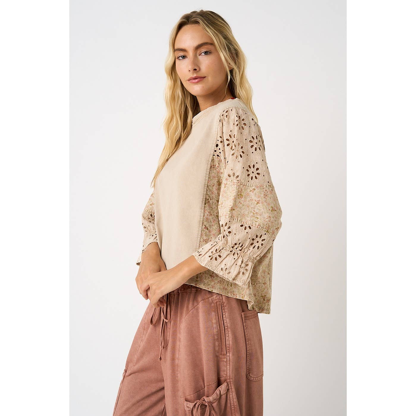 EYELET PATCHWORK RUFFLE LONG SLEEVE TOP