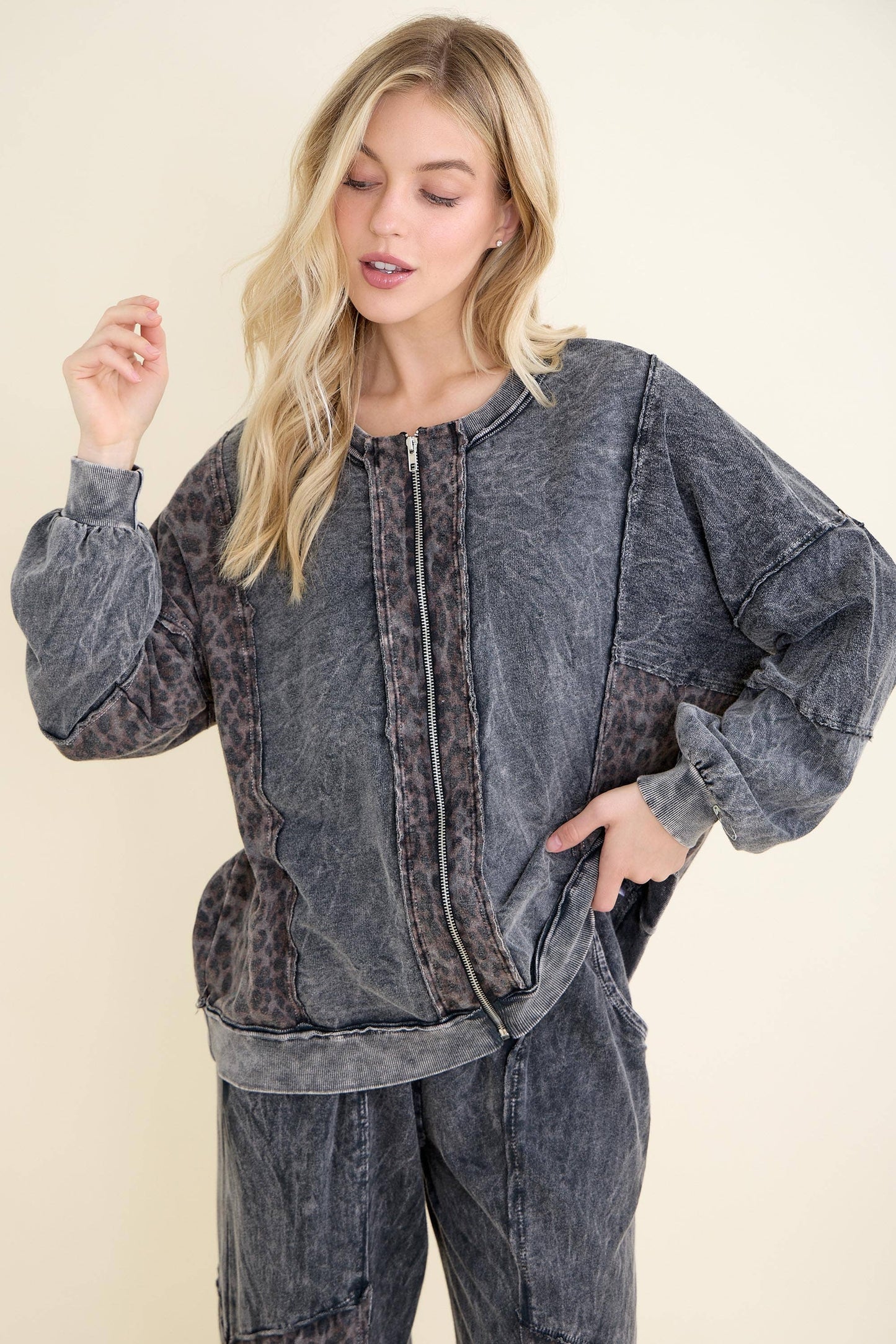 Mineral Washed Cheetah Zipper Jacket