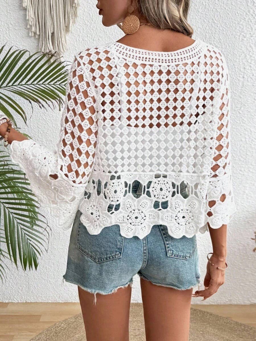 Boho Resort Geometric Crochet Lace Top With Tassel