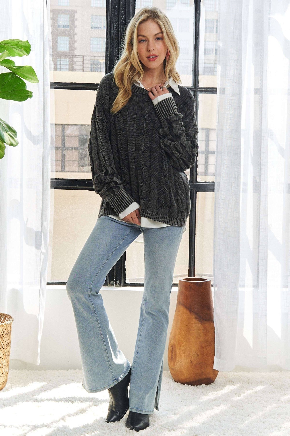 CESW3701 - MINERAL WASHED CABLE KNIT SWEATER TOP