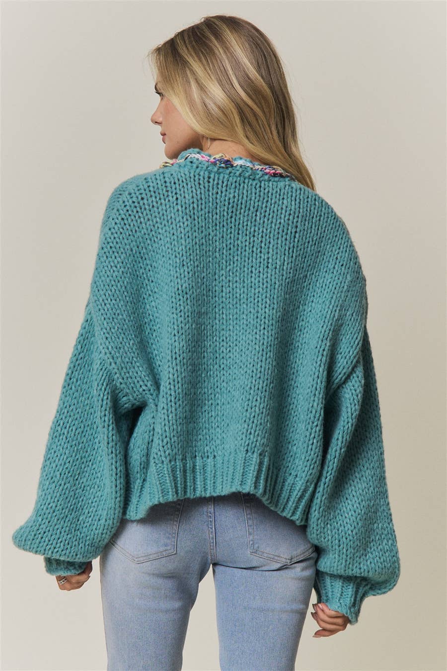 CHUNKY MULTICOLOR TRIM KNIT CARDIGAN - CESW4416