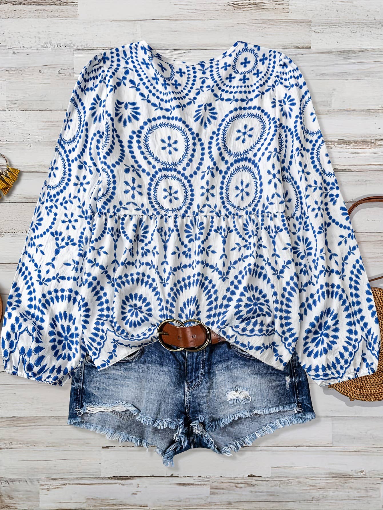 Boho Retro Style Ethnic Print Peplum V-Neck Blouse