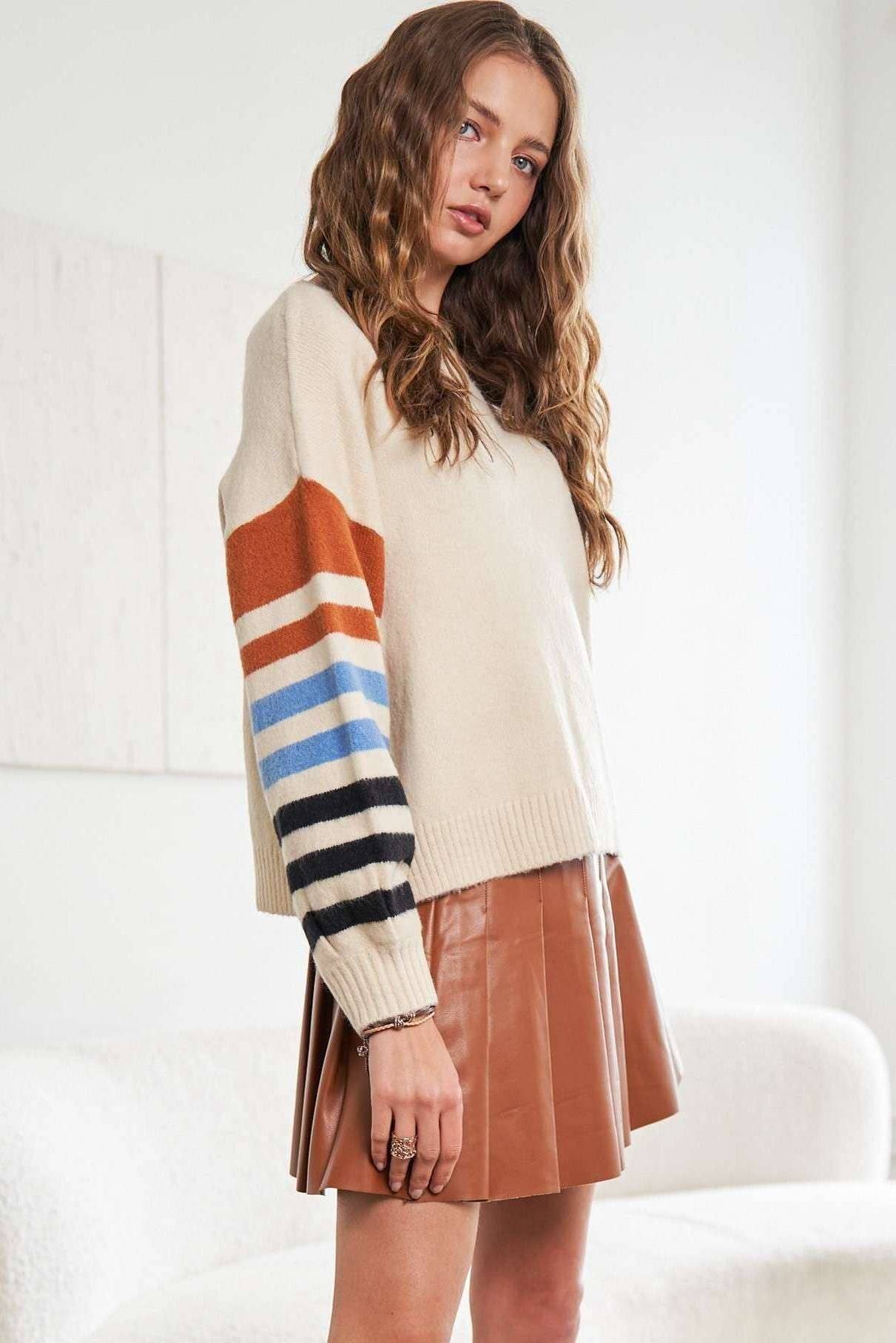 STRIPE SLEEVE COZY SWEATER- CESW2490